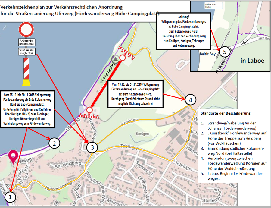Frdewanderweg im Bereich des Campingplatzes Mltenort vom 15. Oktober bis  Ende November voll gesperrt / Amt Schrevenborn