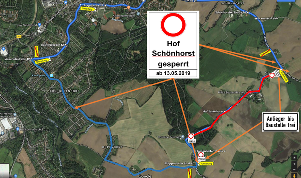 Bild vergr&ouml;&szlig;ern: Fahrbahnerneuerung Hof Schönhorst: Umleitungsstrecke nach Flüggendorf über Schönkirchen-Anschütz und Oppendorf.