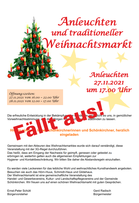 Absage Weihnachtsmarkt Schönkirchen 2021