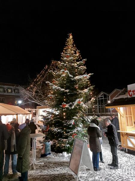 Im winterlichen Lichterglanz strahlt der Weihnachtsbaum auf dem Heikendorfer Dorfplatz. 